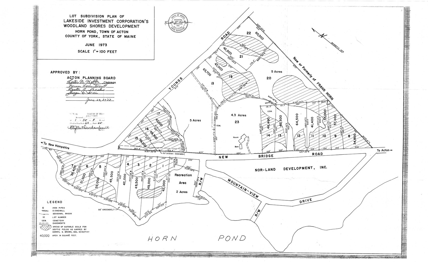 Lot subdivision plan of Woodland Shores Development, June 1973